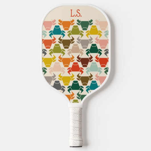 Retro Mid-Century Bull Pattern Monogrammed  ピックルボールラケット (正面)