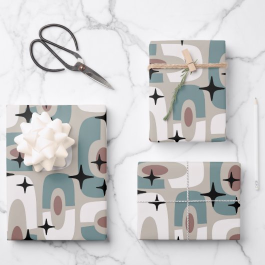 Retro Mid Century Modern Cosmic Abstract Pattern ラッピングペーパーシート (正面)