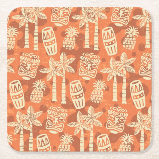 Retro Mid Century Modern Tiki Pattern スクエアペーパーコースター (正面)