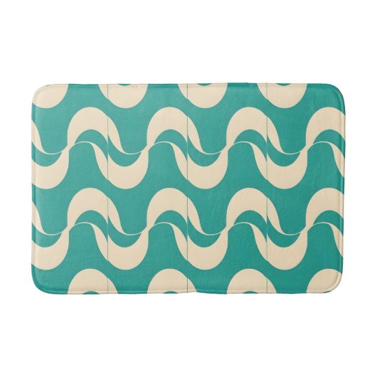 Retro Mid Century Wavy Pattern Teal and Cream バスマット (正面)