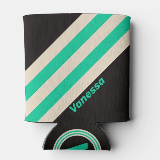 Retro Midnight Mint Stripes with Name 缶クーラー (裏面)