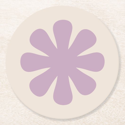 Retro Minimalist Groovy Flower in Lilac Purple ラウンドペーパーコースター (正面)