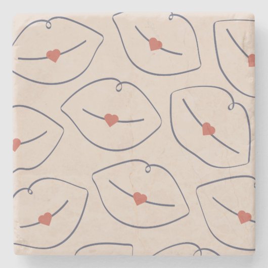 Retro Minimalist Line Art Lips Terracotta Red ストーンコースター (正面)