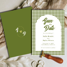 Retro Minimalist Olive green Arch Checker Wedding セーブザデート