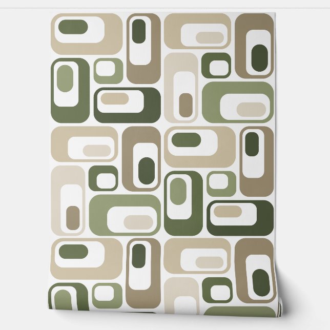 Retro Mod Ovals Green Beige 壁紙 (ほどく)