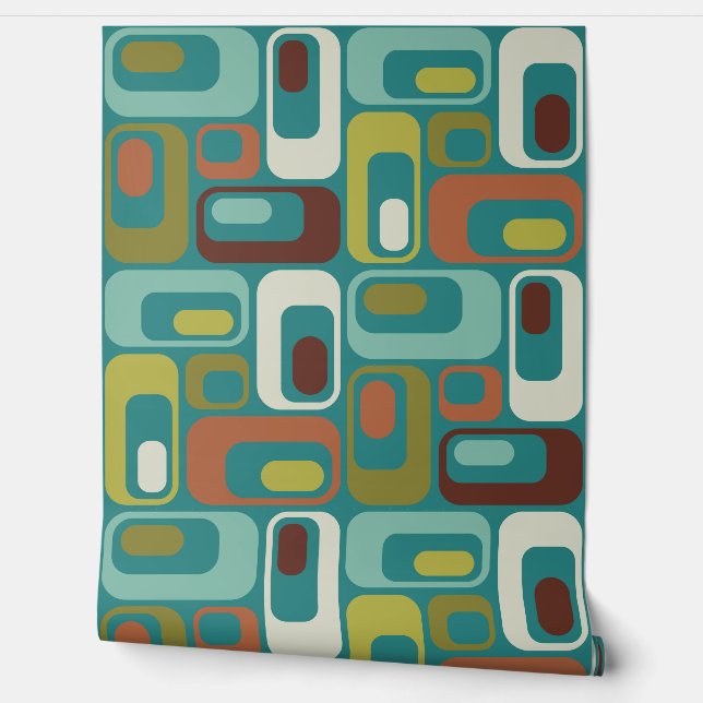 Retro Mod Ovals Pillow Teal Aqua Green Brown 壁紙 (ほどく)