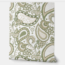 Retro Mod Paisley Olive Sage Green Beige