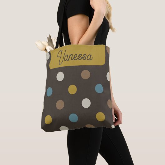Retro Mod Polka Dots Blue Brown Name Personalized トートバッグ (クローズアップ)