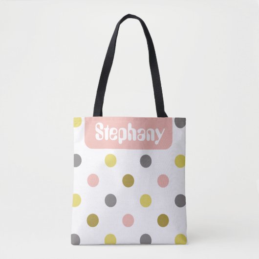 Retro Mod Polka Dots Pink Yellow Name Personalized トートバッグ (正面)
