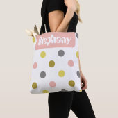 Retro Mod Polka Dots Pink Yellow Name Personalized トートバッグ (クローズアップ)