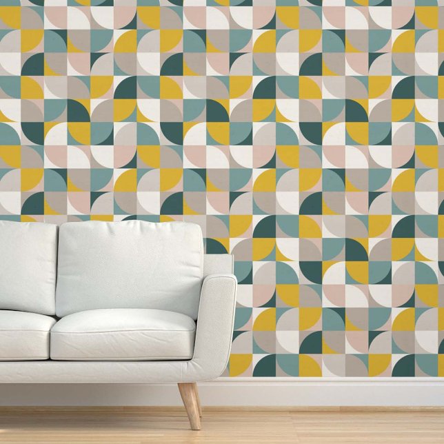 Retro Mod Square Aqua Teal Blue Blush Pink Yellow  壁紙 (クリエイターアップロード済み)