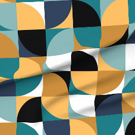 retro mod squares in teal mustard black white aqua ファブリック
