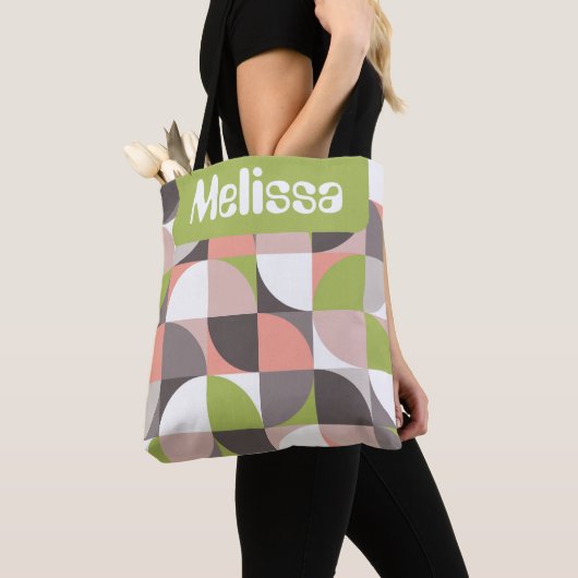Retro Mod Squares Pink Green Name Personalized トートバッグ (クローズアップ)