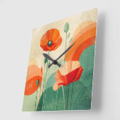 Retro Modern Abstract Poppy Floral Art スクエア壁時計 (傾斜)