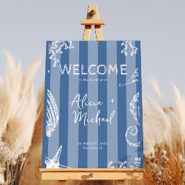 Retro modern beach striped wedding welcome sign ポスター
