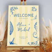 Retro modern beach striped wedding welcome sign ポスター