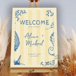 Retro modern beach striped wedding welcome sign ポスター