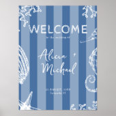 Retro modern beach striped wedding welcome sign ポスター (正面)