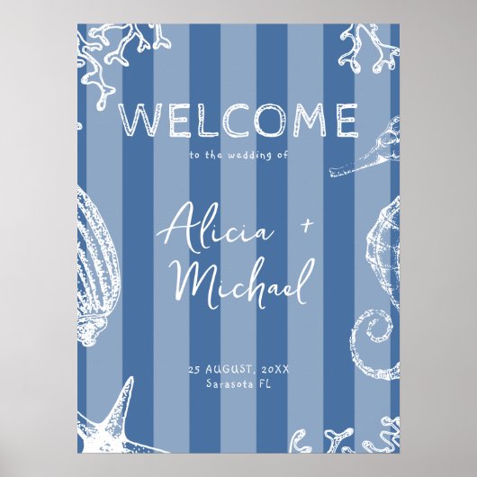 Retro modern beach striped wedding welcome sign ポスター (正面)