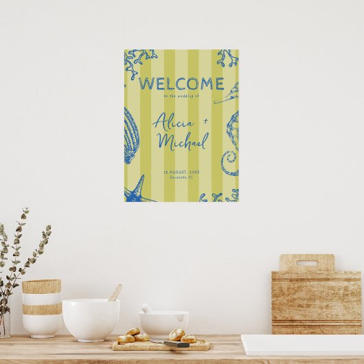 Retro modern beach striped wedding welcome sign ポスター (キッチン)