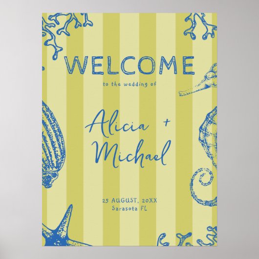Retro modern beach striped wedding welcome sign ポスター (正面)