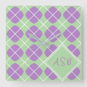 Retro Modern Purple Green Pastel Argyle スクエア壁時計 (正面)