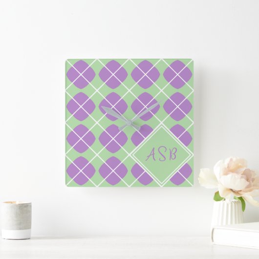 Retro Modern Purple Green Pastel Argyle スクエア壁時計 (ホーム)