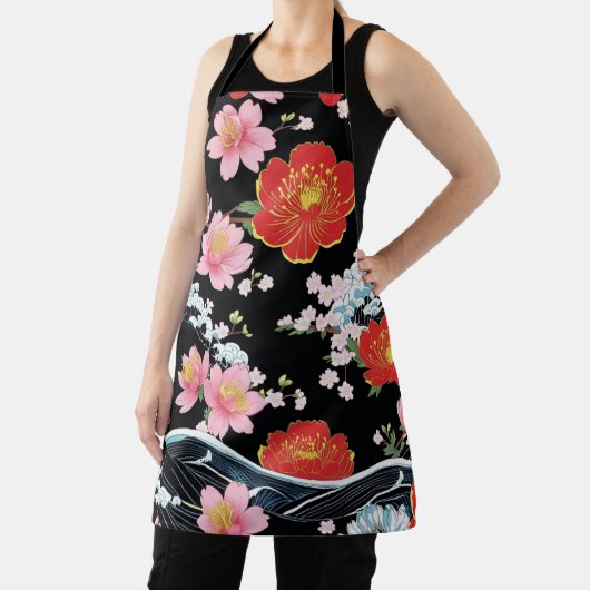 Retro Modern Seigaiha Sakura Flowers Japan party エプロン (インサイチュ)