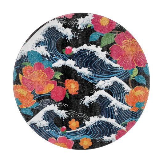 Retro Modern Seigaiha Sakura Flowers Japan party カッティングボード (正面)