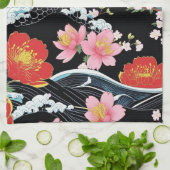 Retro Modern Seigaiha Sakura Flowers Japan party キッチンタオル (折り畳み)