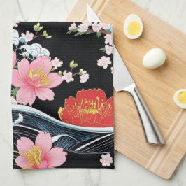 Retro Modern Seigaiha Sakura Flowers Japan party キッチンタオル