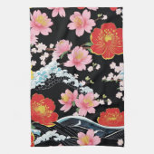 Retro Modern Seigaiha Sakura Flowers Japan party キッチンタオル (縦)