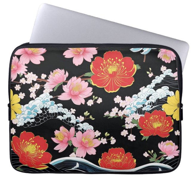 Retro Modern Seigaiha Sakura Flowers Japan party ラップトップスリーブ (正面)