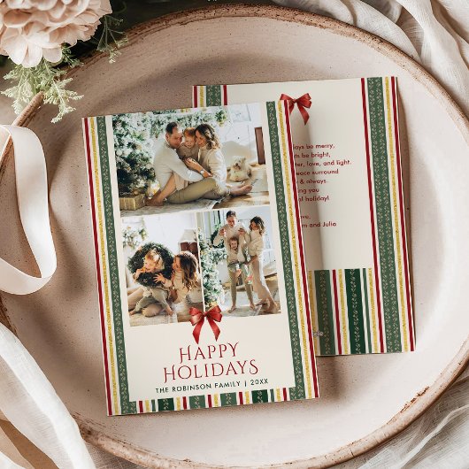 Retro Modern Stripes & Bow Merry Christmas 3 Photo シーズンカード