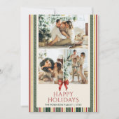 Retro Modern Stripes & Bow Merry Christmas 3 Photo シーズンカード (正面)