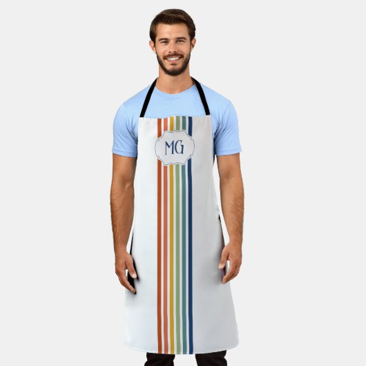 Retro Monogrammed Minimalist Stripes エプロン (着用した状態)