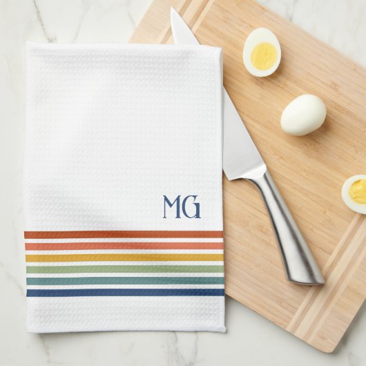 Retro Monogrammed Minimalist Stripes キッチンタオル (四つ折り)