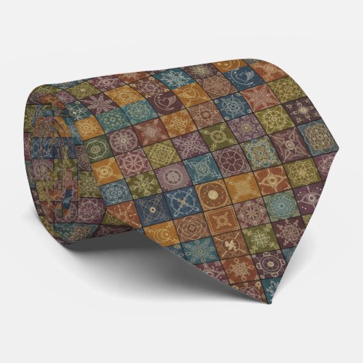 Retro Mosaic Earthy Brown Geometric Patchwork ネクタイ (ロール)