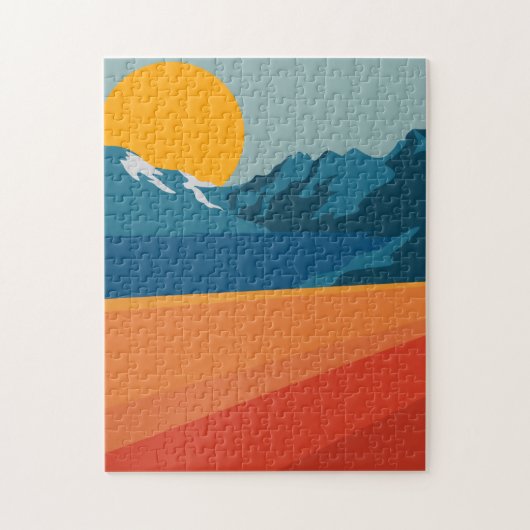 Retro Mountain Landscape Illustration Orange Blue ジグソーパズル (縦)