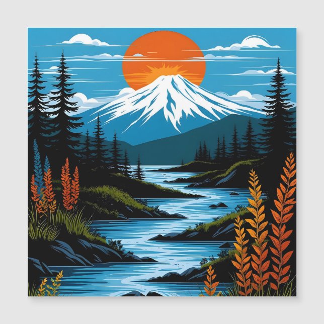 Retro Mountain Landscape Illustration Red Blue (正面)