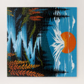 Retro Mountain Landscape Illustration Red Blue ジグソーパズル (横)