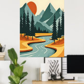 Retro Mountain Landscape Illustration Red Blue ポスター (ホームオフィス)