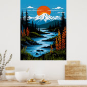 Retro Mountain Landscape Illustration Red Blue ポスター (キッチン)