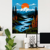 Retro Mountain Landscape Illustration Red Blue ポスター (ホームオフィス)