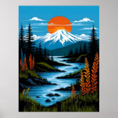 Retro Mountain Landscape Illustration Red Blue ポスター (正面)