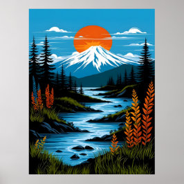 Retro Mountain Landscape Illustration Red Blue ポスター