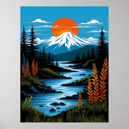 Retro Mountain Landscape Illustration Red Blue ポスター (正面)