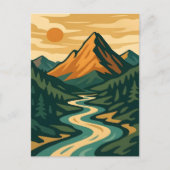 Retro Mountain Landscape Illustration Red Blue ポストカード (正面)