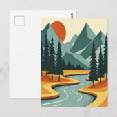 Retro Mountain Landscape Illustration Red Blue ポストカード (正面/裏面)