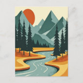 Retro Mountain Landscape Illustration Red Blue ポストカード (正面)